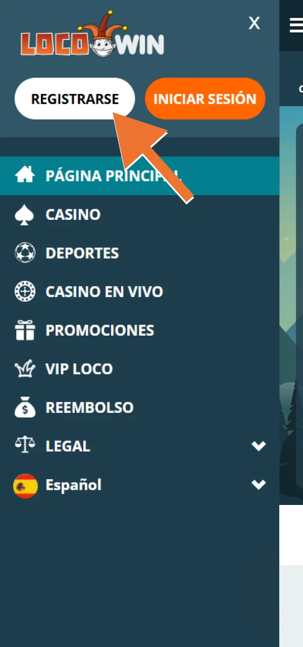 Busca el botón de registro en la página web de LocoWin.